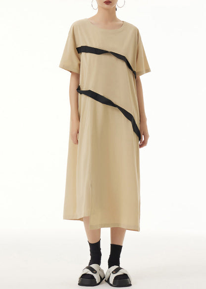 Khaki O Neck Front Open Patchwork Cotton Dresses Short Sleeve