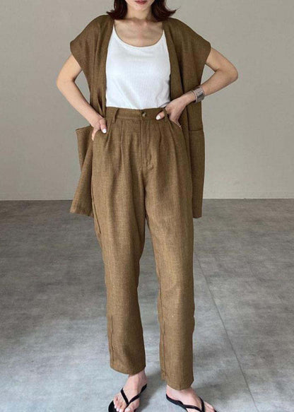 Khaki O-neck Patchwork Vest and Pants Linen Two Pieces Set Spring