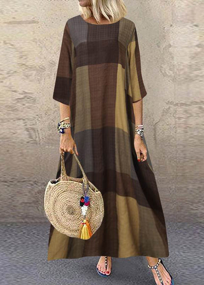 Khaki O-neck Plaid Maxi Dresses Half Sleeve