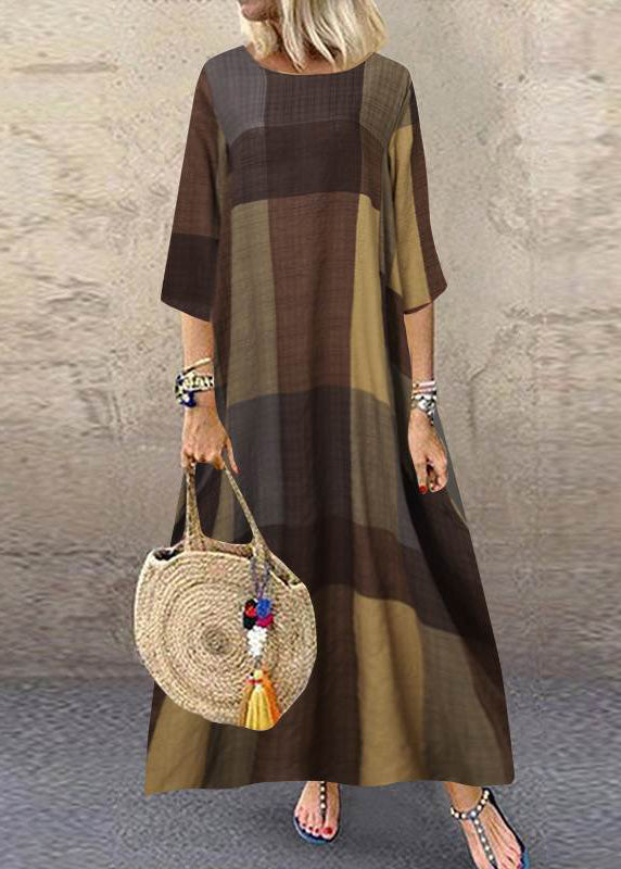 Khaki O-neck Plaid Maxi Dresses Half Sleeve