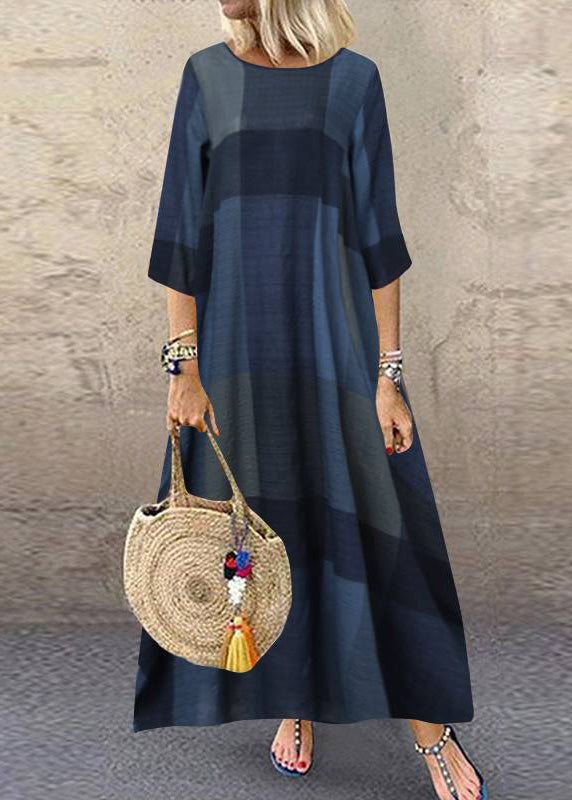 Khaki O-neck Plaid Maxi Dresses Half Sleeve