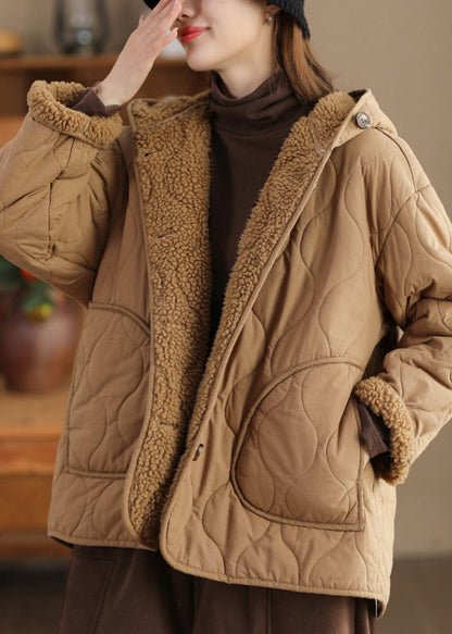 Khaki Oversized Fleece Wool Lined Hooded Jacket Spring