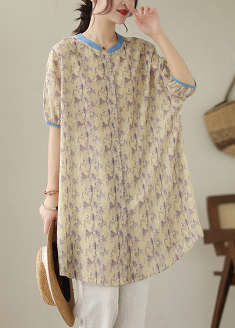 Khaki Oversized Print Linen Shirt Dress Summer