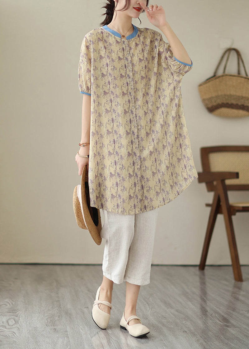Khaki Oversized Print Linen Shirt Dress Summer