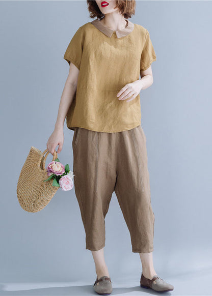 Khaki Peter Pan Collar Patchwork Linen Shirts Short Sleeve