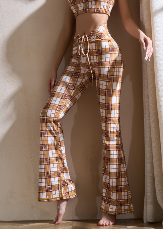 Khaki Plaid Tie Waist Cotton Yoga Flare Pants