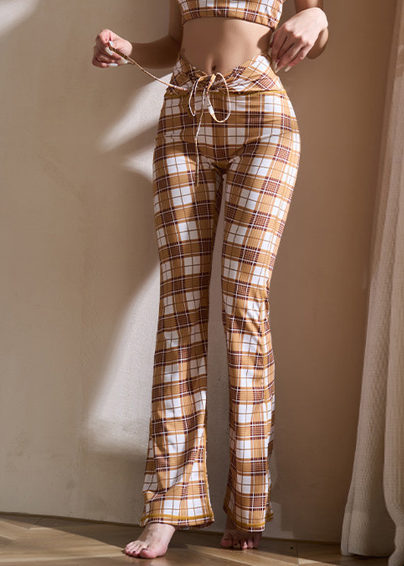 Khaki Plaid Tie Waist Cotton Yoga Flare Pants