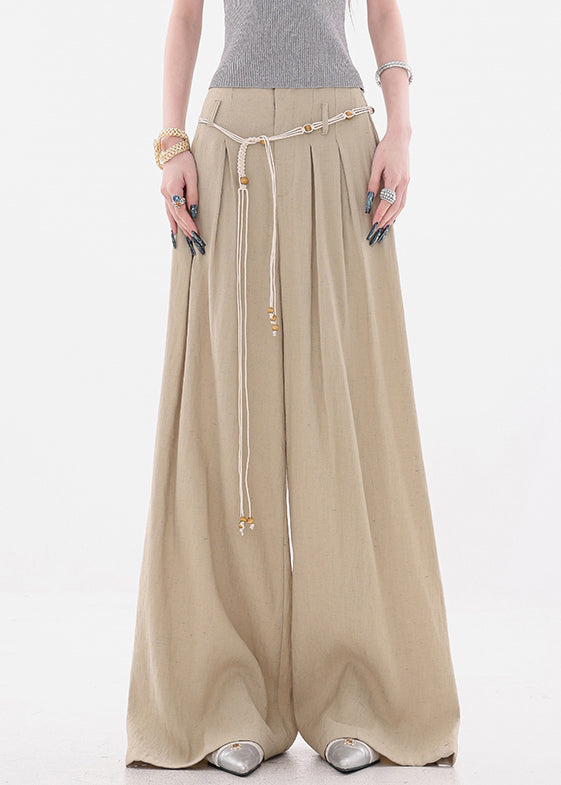 Khaki Pockets Tie Waist High Waist Cotton Wide Leg Pants Fall