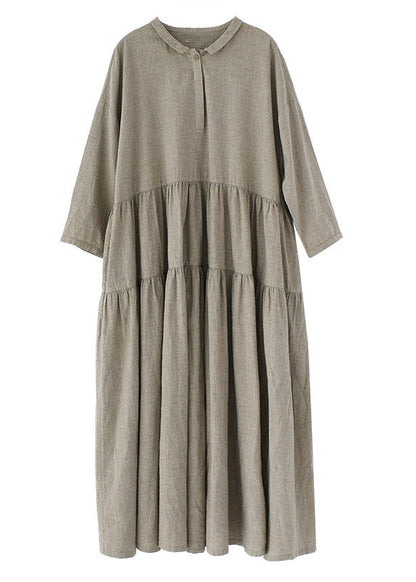Khaki Pockets Wrinkled Patchwork Linen Dresses Fall