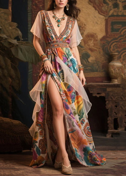 Khaki Print Patchwork Side Open Chiffon Evening Dress Summer