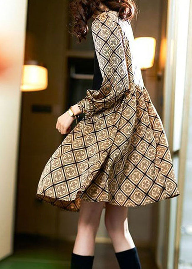 Khaki Ruffled Patchwork False Two Pieces Chiffon Mid Dress Spring