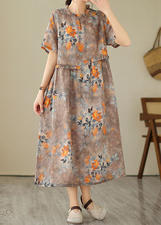 Khaki Ruffled Print Patchwork Cotton Dresses Summer