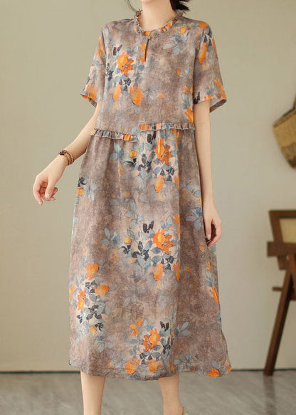 Khaki Ruffled Print Patchwork Cotton Dresses Summer