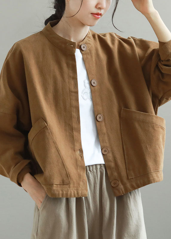 Khaki Stand Collar Pockets Button Fall Trench Long Sleeve