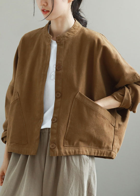 Khaki Stand Collar Pockets Button Fall Trench Long Sleeve