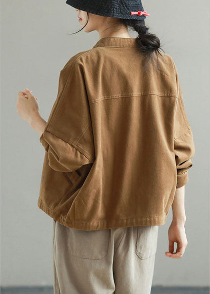 Khaki Stand Collar Pockets Button Fall Trench Long Sleeve