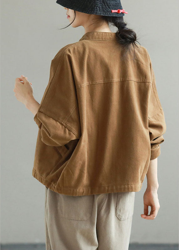 Khaki Stand Collar Pockets Button Fall Trench Long Sleeve