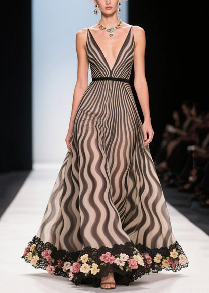 Khaki Striped Patchwork Flower Chiffon Party Dress Summer