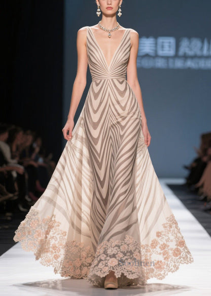 Khaki Striped Patchwork Lace Chiffon Holiday Dress Summer