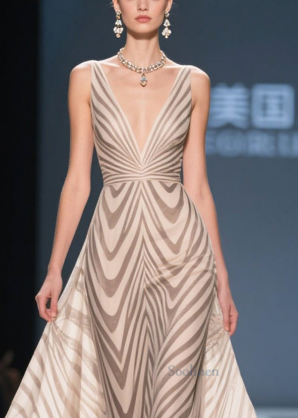 Khaki Striped Patchwork Lace Chiffon Holiday Dress Summer