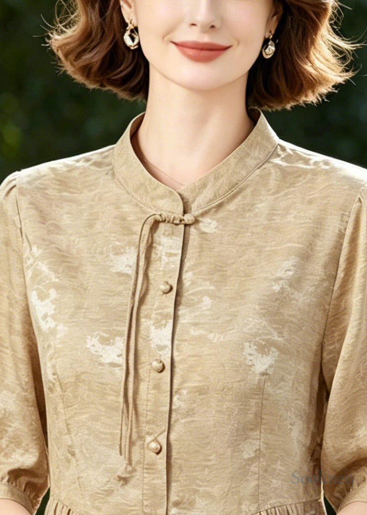 Khaki Tasseled Wrinkled Silk Blouse Tops Half Sleeve