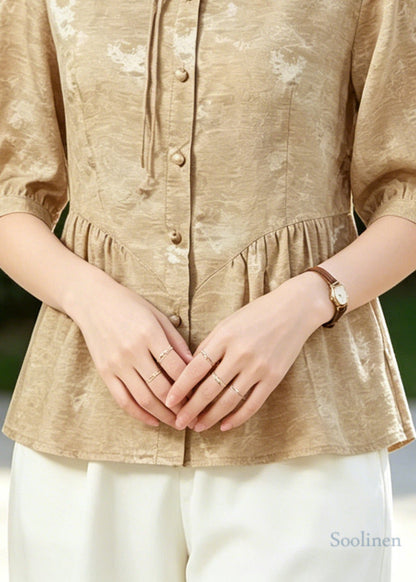 Khaki Tasseled Wrinkled Silk Blouse Tops Half Sleeve