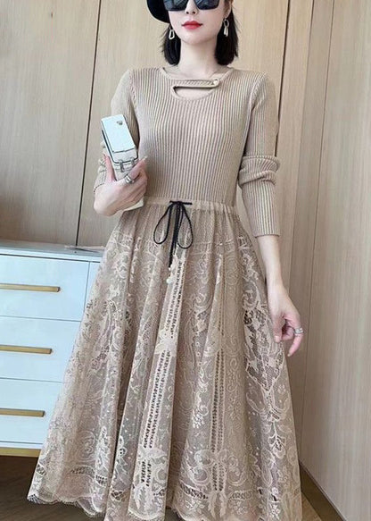 Khaki Tie Waist Lace Patchwork Dresses Spring