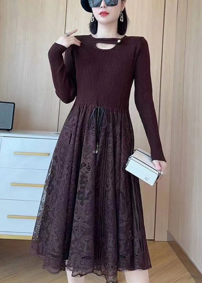 Khaki Tie Waist Lace Patchwork Dresses Spring