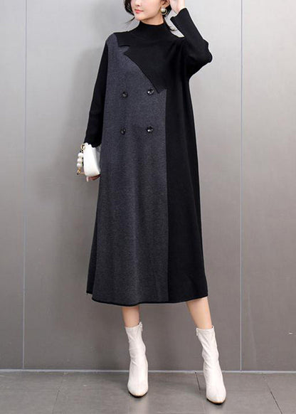 Khaki Turtleneck Patchwork Cotton Knit Sweaters Dress Winter