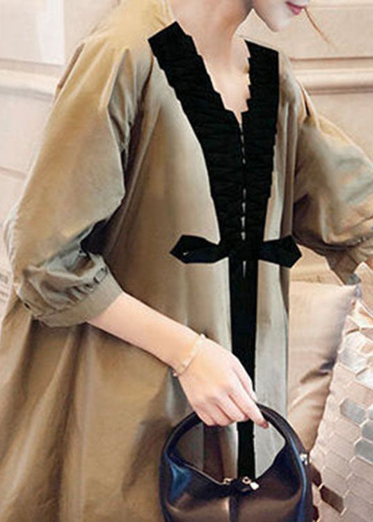 Khaki V Neck Bow Fall Half Sleeve Shirts Dress