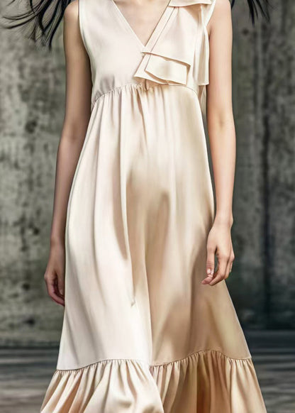 Khaki V Neck Patchwork Draping Silk Long Dress Summer