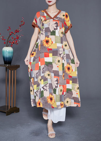 Khaki V Neck Patchwork Print Cotton Long Dress Summer