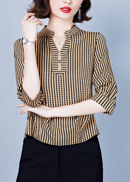 Khaki V Neck Striped Silk Shirts Bracelet Sleeve