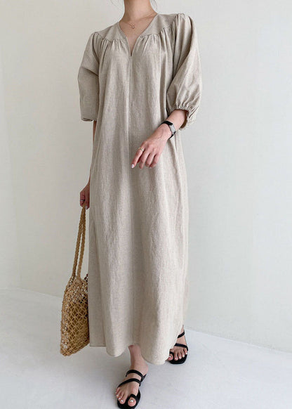 Khaki V Neck Retro Cotton Dress Half Sleeve