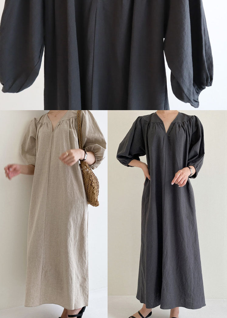 Khaki V Neck Retro Cotton Dress Half Sleeve