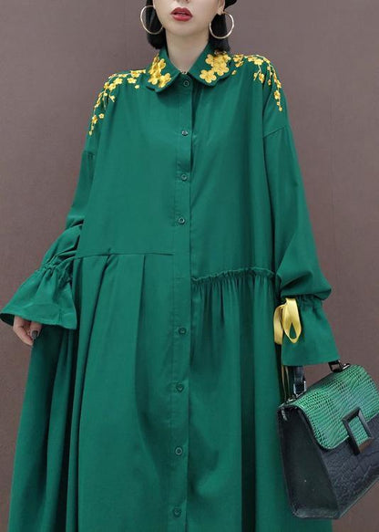 Lapel Cinched Spring Ideas Green Embroidery Long Dresses