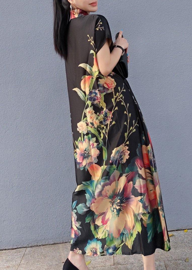 Lapel Drawstring Spring Tunic Sleeve Black Print Robe Dresses