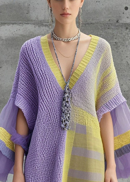 Lavender Asymmetrical Patchwork Tulle Knitwear Dress Fall