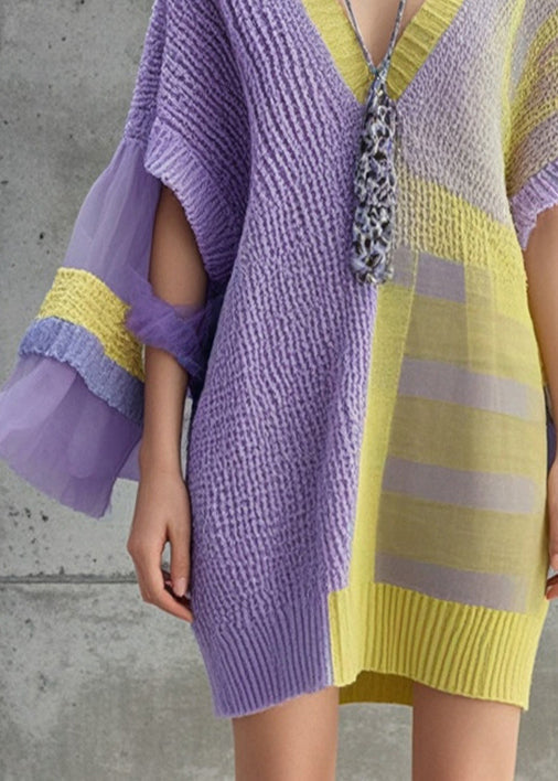 Lavender Asymmetrical Patchwork Tulle Knitwear Dress Fall