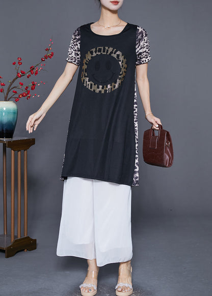 Leopard Patchwork Smiling Face Zircon Chiffon Dress Summer