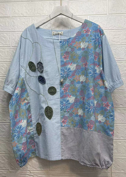 Light Blue Asymmetrical Print Patchwork Cotton T Shirts Short Sleeve