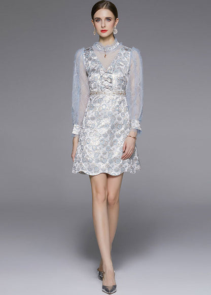 Light Blue Bow Jacquard Patchwork Tulle Party Dress Fall