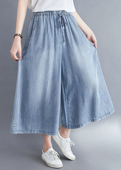 Light Blue Elastic Waist Draping Denim Wide Leg Pants Summer