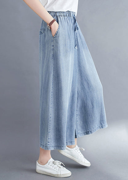 Light Blue Elastic Waist Draping Denim Wide Leg Pants Summer