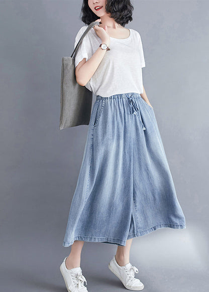 Light Blue Elastic Waist Draping Denim Wide Leg Pants Summer