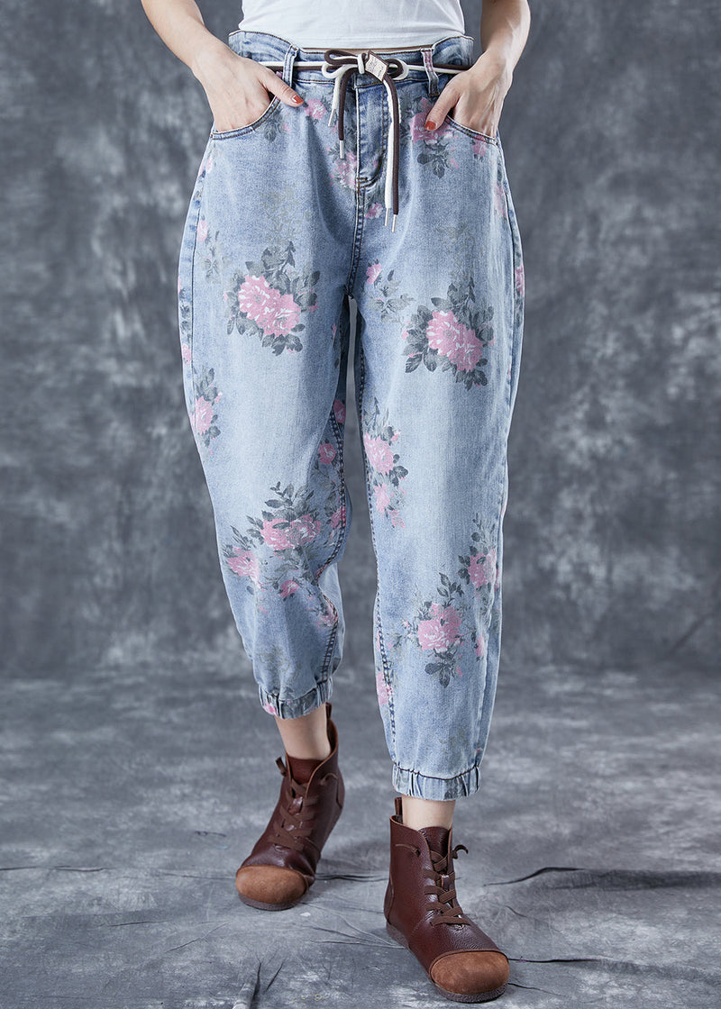 Light Blue Elastic Waist Print Denim Harem Pants Summer