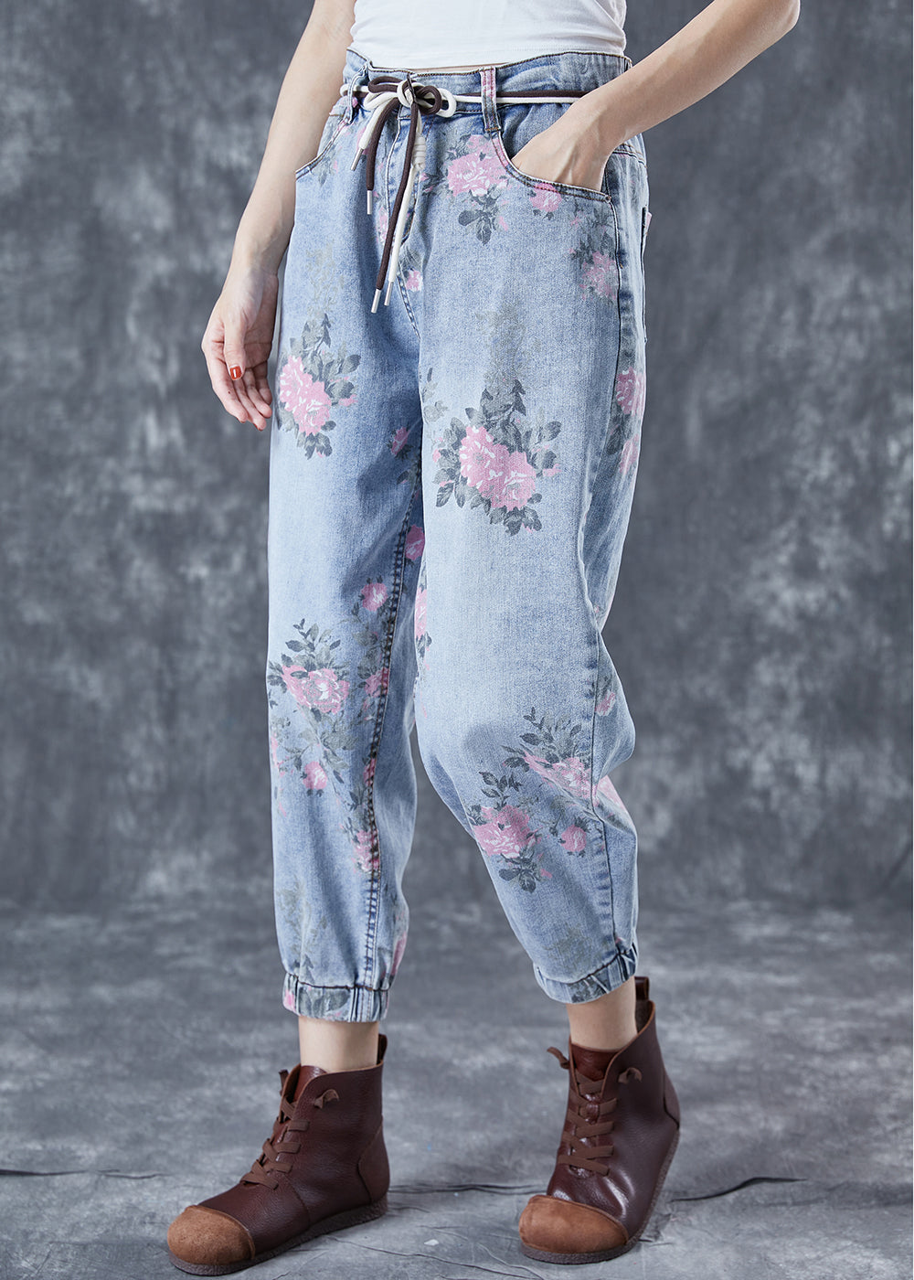 Light Blue Elastic Waist Print Denim Harem Pants Summer