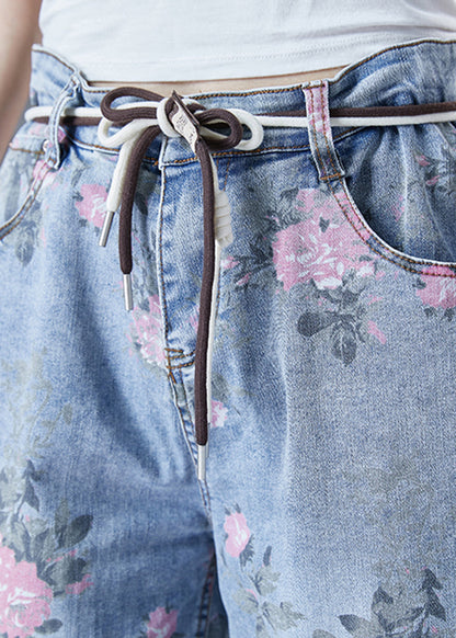 Light Blue Elastic Waist Print Denim Harem Pants Summer
