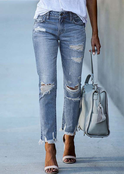 Light Blue High Waist Denim Ripped Pants Trousers Summer