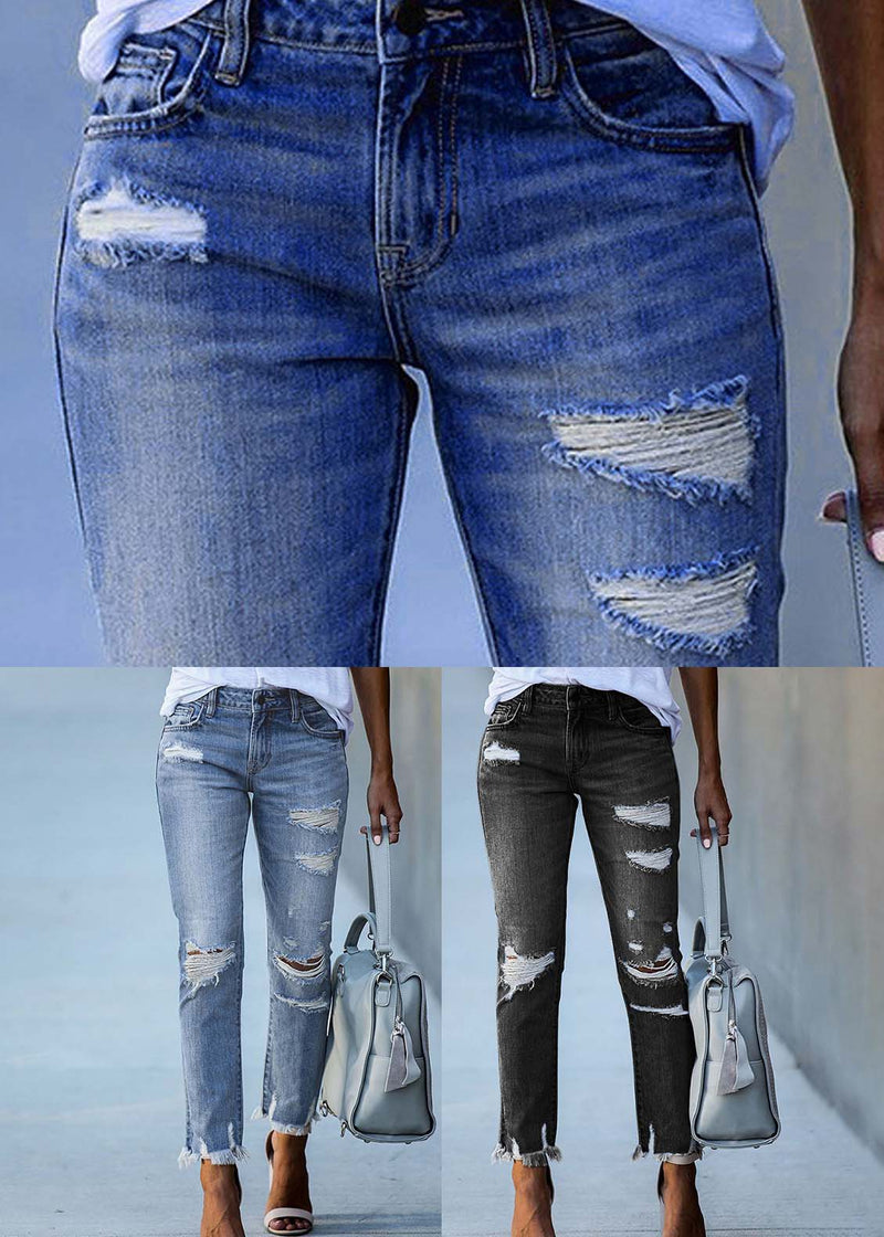 Light Blue High Waist Denim Ripped Pants Trousers Summer